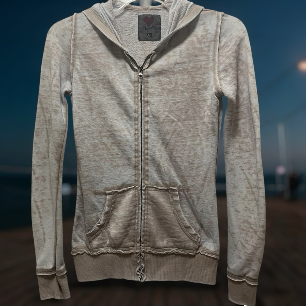 4 Anguka Cozy Heather, Distressed Hoodie In A Tan/Cream Combination